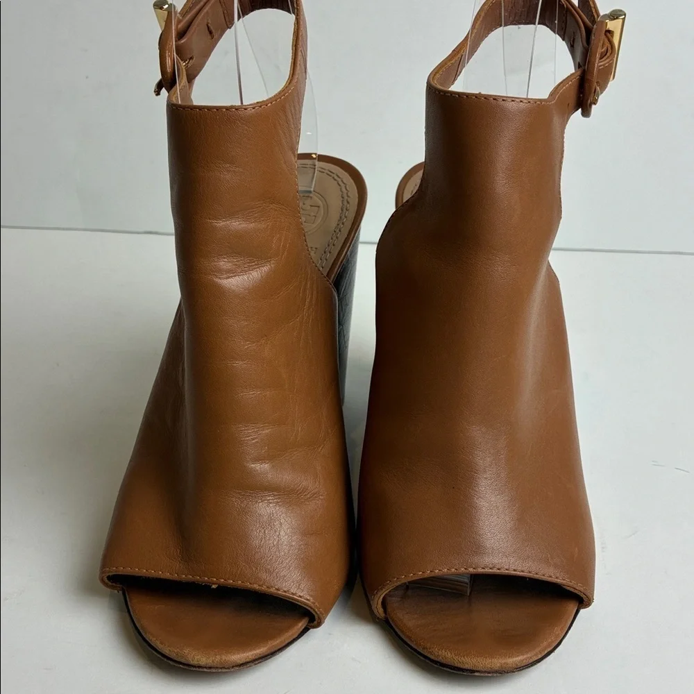 Tory Burch Grove Open Toe Bootie Sz 5 Royal Tan Wood Detail Heel Designer Luxury